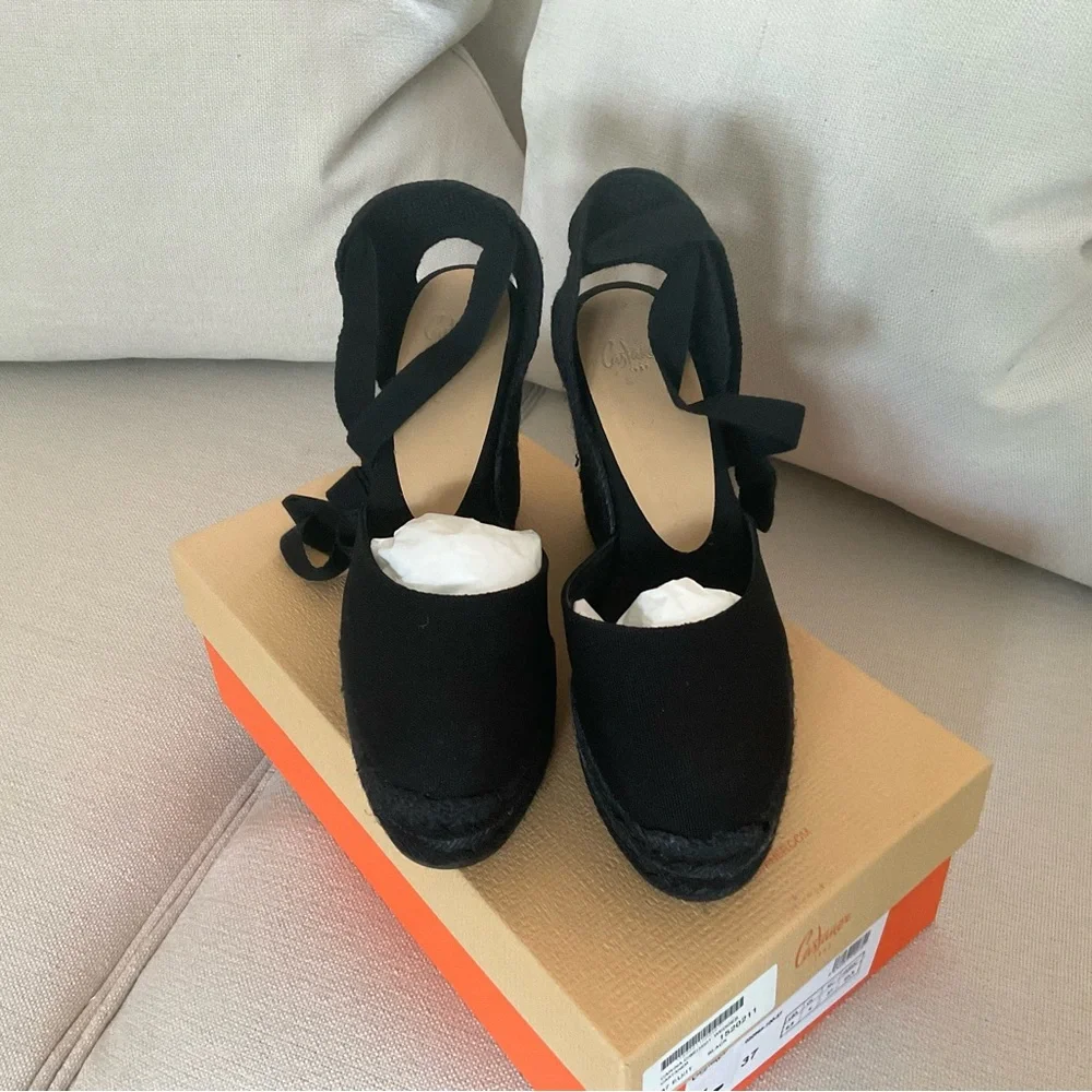 NWT CASTANER CARINA 110 BLACK WEDGE ESPADRILLES SIZE IT 38 .